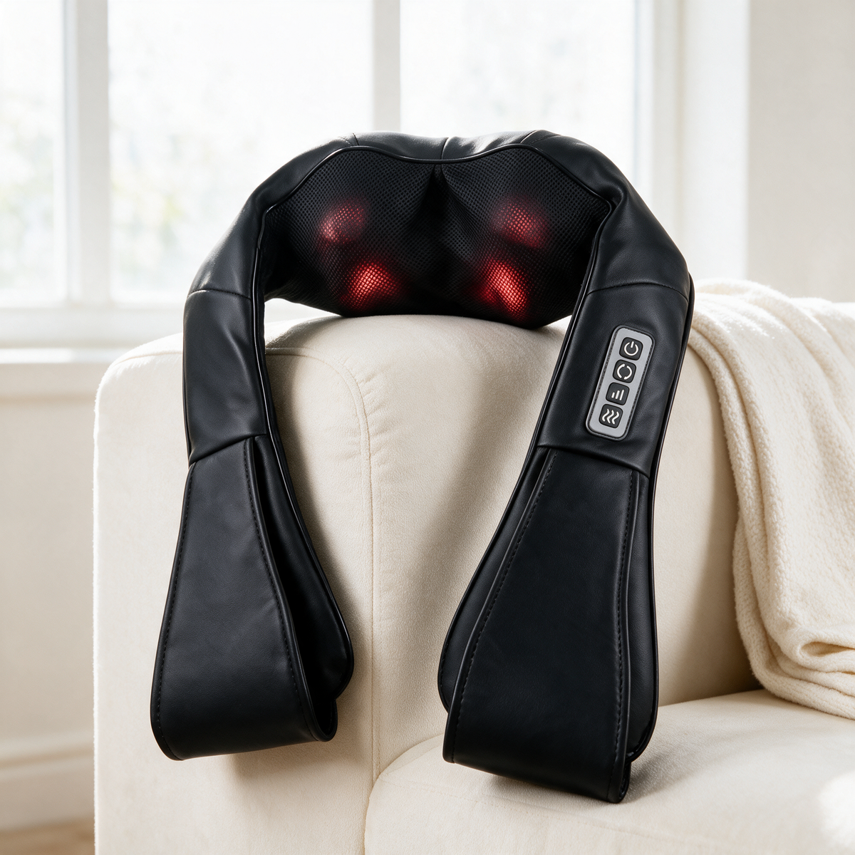The Heated Shiatsu Neck & Shoulder Massager resting over the arm of a cream sofa